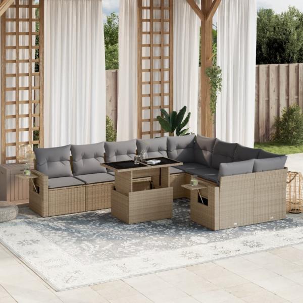 ARDEBO.de - 10-tlg. Garten-Sofagarnitur mit Kissen Beige Poly Rattan