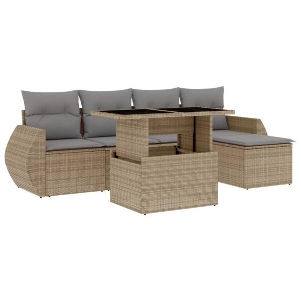 6-tlg. Garten-Sofagarnitur mit Kissen Beige Poly Rattan