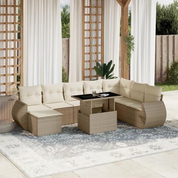 ARDEBO.de - 9-tlg. Garten-Sofagarnitur mit Kissen Beige Poly Rattan