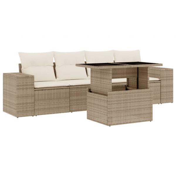 5-tlg. Garten-Sofagarnitur mit Kissen Beige Poly Rattan