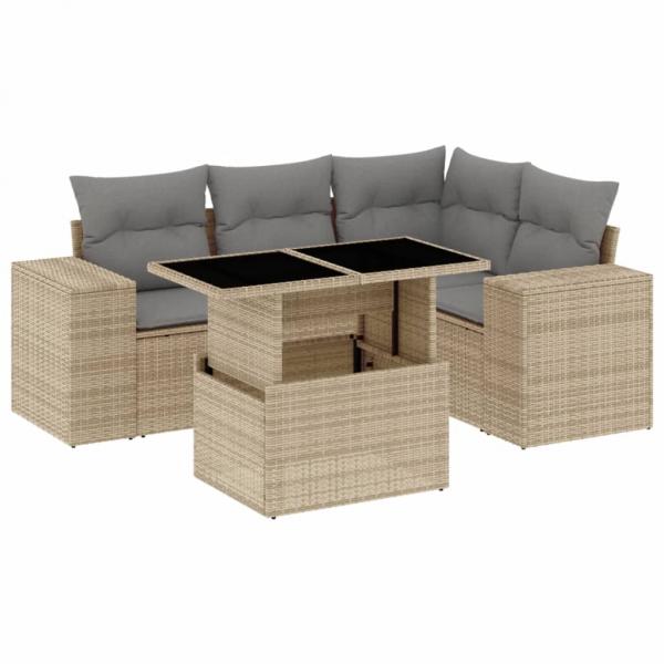 5-tlg. Garten-Sofagarnitur mit Kissen Beige Poly Rattan