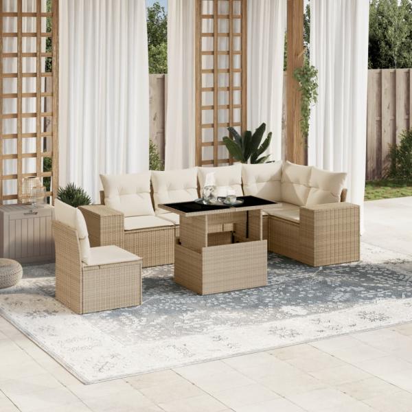 ARDEBO.de - 7-tlg. Garten-Sofagarnitur mit Kissen Beige Poly Rattan