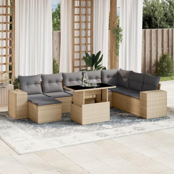 ARDEBO.de - 9-tlg. Garten-Sofagarnitur mit Kissen Beige Poly Rattan