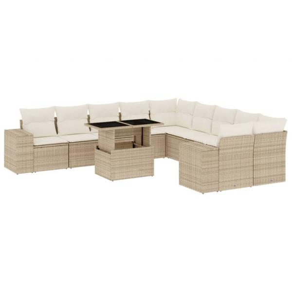 11-tlg. Garten-Sofagarnitur mit Kissen Beige Poly Rattan