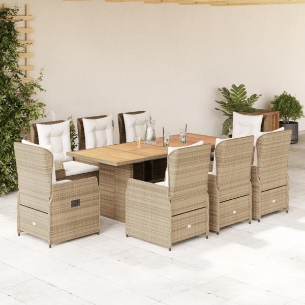 ARDEBO.de - 9-tlg. Garten-Essgruppe mit Kissen Beige Poly Rattan