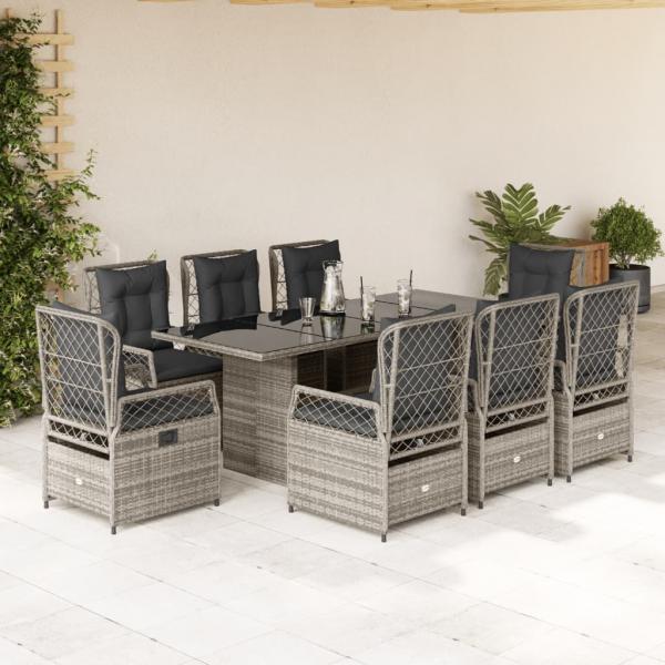 ARDEBO.de - 9-tlg. Garten-Essgruppe mit Kissen Grau Poly Rattan