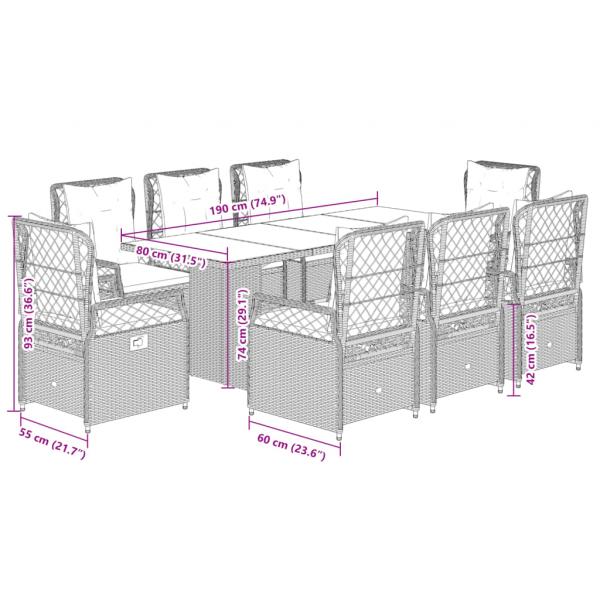 9-tlg. Garten-Essgruppe mit Kissen Grau Poly Rattan