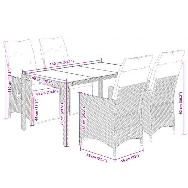 5-tlg. Garten-Bistro-Set mit Kissen Grau Poly Rattan