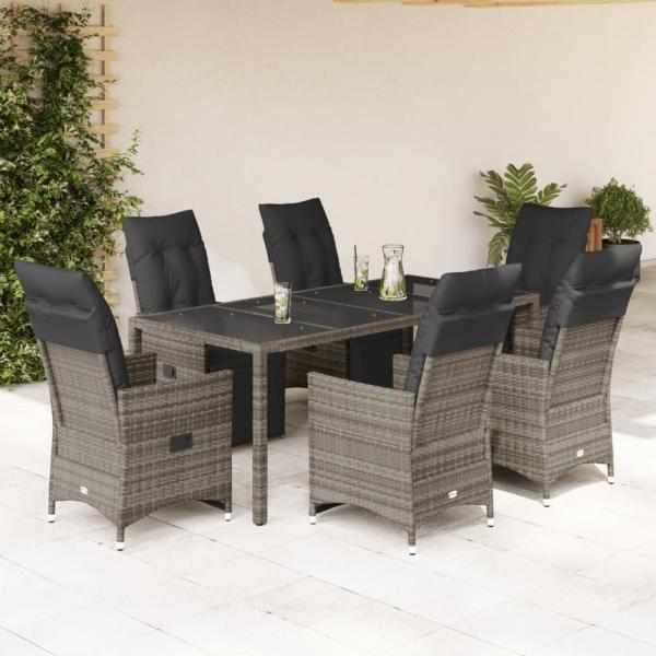 ARDEBO.de - 7-tlg. Garten-Bistro-Set mit Kissen Grau Poly Rattan