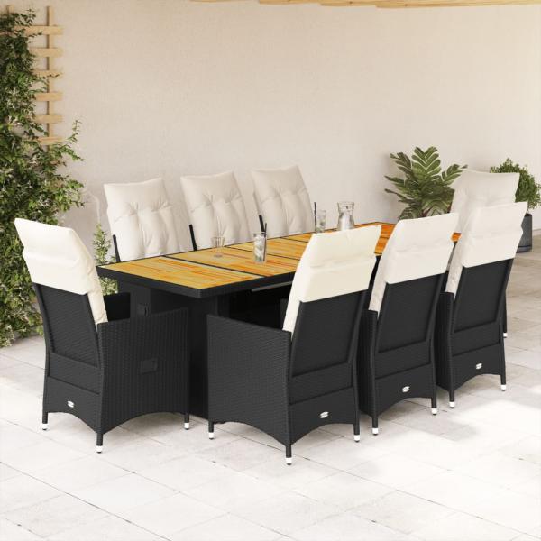 ARDEBO.de - 9-tlg. Garten-Bistro-Set mit Kissen Schwarz Poly Rattan