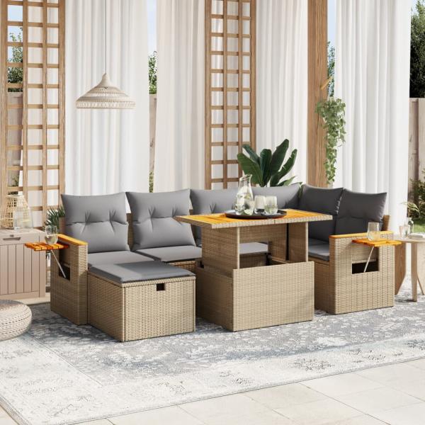 ARDEBO.de - 7-tlg. Garten-Sofagarnitur mit Kissen Beige Poly Rattan