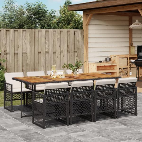 ARDEBO.de - 9-tlg. Garten-Essgruppe mit Kissen Schwarz Poly Rattan