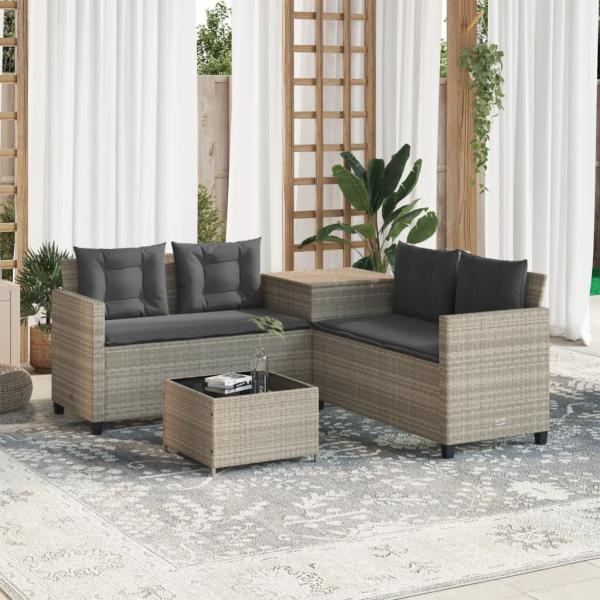 ARDEBO.de - Gartensofa in L-Form mit Tisch und Kissen Hellgrau Poly Rattan