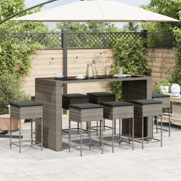 9-tlg. Gartenbar-Set mit Kissen Grau Poly Rattan