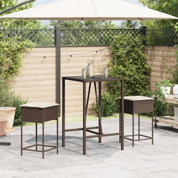 3-tlg. Gartenbar-Set mit Kissen Braun Poly Rattan