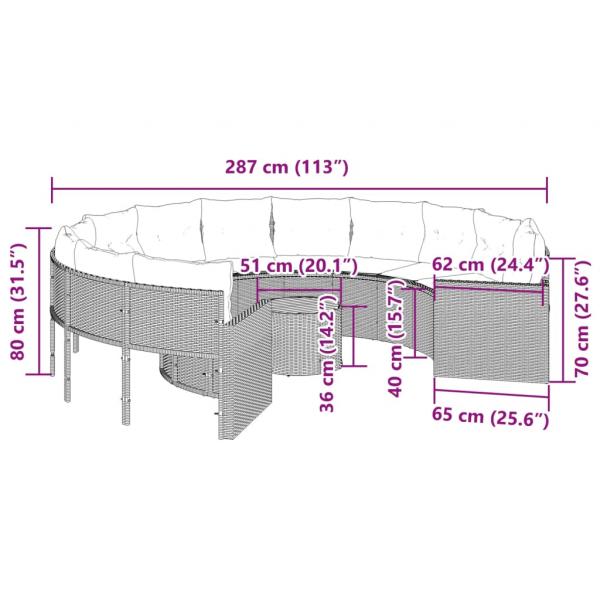 Gartensofa mit Tisch und Kissen Rund Schwarz Poly-Rattan