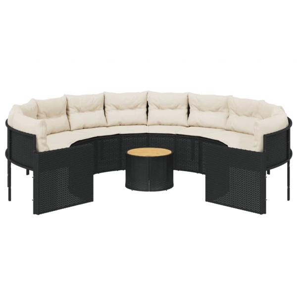 Gartensofa mit Tisch und Kissen Rund Schwarz Poly-Rattan