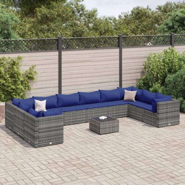 ARDEBO.de - 11-tlg. Garten-Lounge-Set mit Kissen Grau Poly Rattan