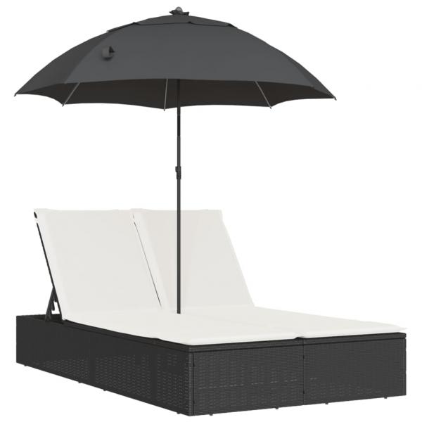 Doppel-Sonnenliege mit Kissen&Sonnenschirm Schwarz Poly Rattan