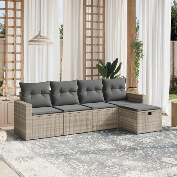 ARDEBO.de - 5-tlg. Garten-Sofagarnitur mit Kissen Hellgrau Poly Rattan