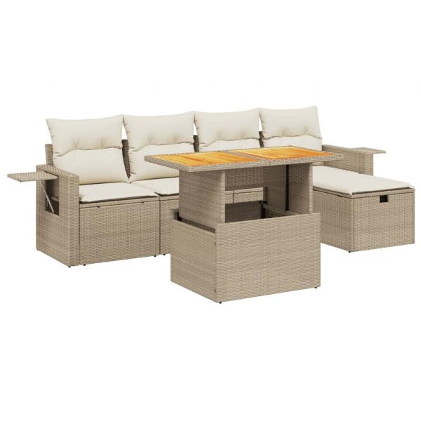 6-tlg. Garten-Sofagarnitur mit Kissen Beige Poly Rattan