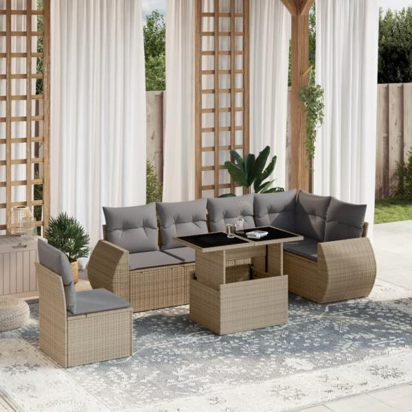 ARDEBO.de - 7-tlg. Garten-Sofagarnitur mit Kissen Beige Poly Rattan