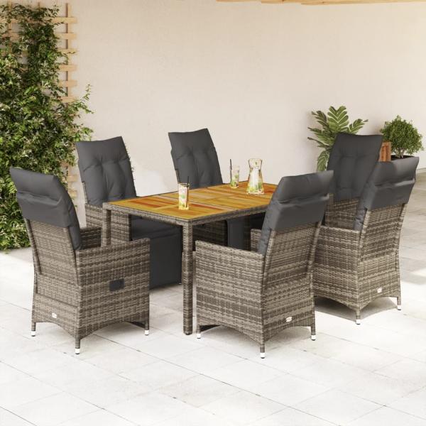 ARDEBO.de - 7-tlg. Garten-Bistro-Set mit Kissen Grau Poly Rattan