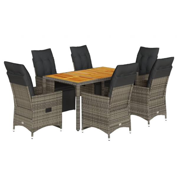 7-tlg. Garten-Bistro-Set mit Kissen Grau Poly Rattan