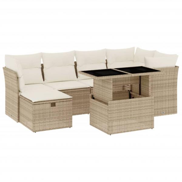 7-tlg. Garten-Sofagarnitur mit Kissen Beige Poly Rattan