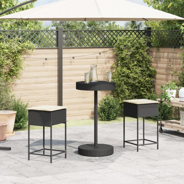 3-tlg. Gartenbar-Set mit Kissen Schwarz Poly Rattan