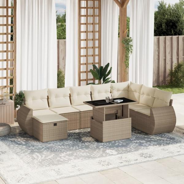 ARDEBO.de - 9-tlg. Garten-Sofagarnitur mit Kissen Beige Poly Rattan