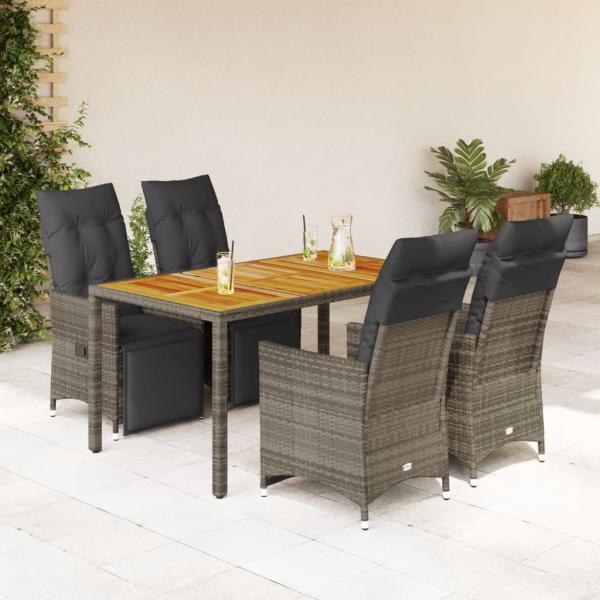 ARDEBO.de - 5-tlg. Garten-Bistro-Set mit Kissen Grau Poly Rattan