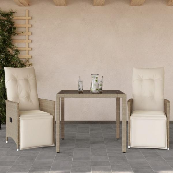 ARDEBO.de - 3-tlg. Garten-Bistro-Set mit Kissen Beige Poly Rattan