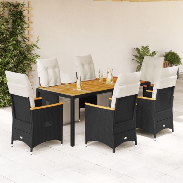 ARDEBO.de - 7-tlg. Garten-Bistro-Set mit Kissen Schwarz Poly Rattan