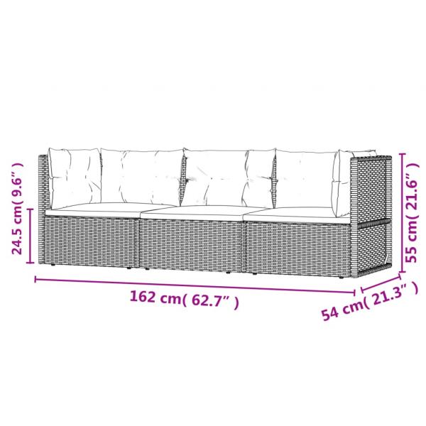 3-tlg. Garten-Lounge-Set mit Kissen Grau Poly Rattan