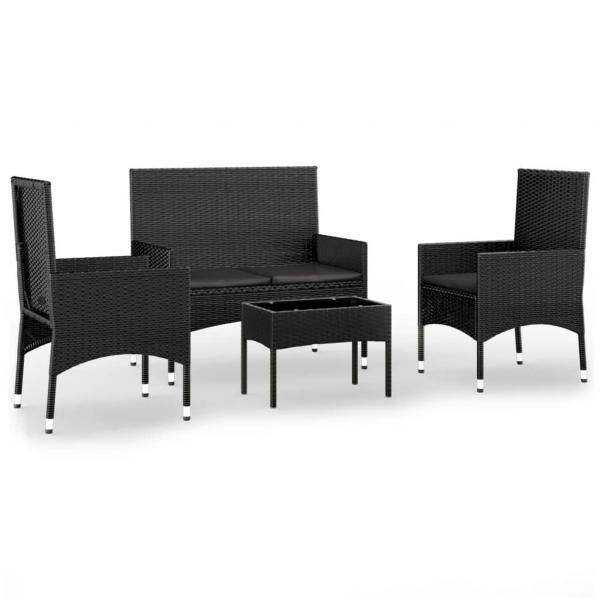 4-tlg. Garten-Lounge-Set mit Kissen Schwarz Poly Rattan