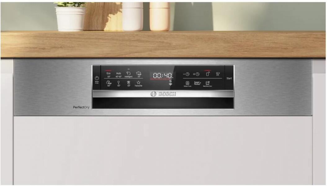 Bosch SMI6YAS04E Serie 6 Teilintegrierter Geschirrspüler, 60 cm breit, 13 Maßgedecke, AquaStop, Eco Silence Drive, Kindersicherung, HomeConnect, Gebürsteter Stahl