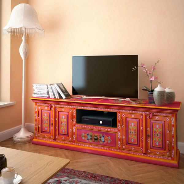 TV-Schrank Massivholz Mango Rosa Handbemalt