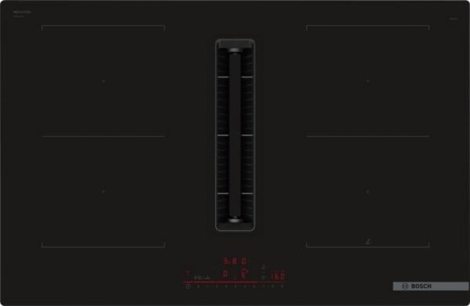 ARDEBO.de Bosch PVQ811HGA7 Serie 6 EEK:B Kochfeld mit Dunstabzug (HEZ9VDSB2 + PVQ811H26E ), 80 cm breit, 500 m³/h, Induktion, Flachkanal, DirectSelect, rahmenlos aufliegend, schwarz