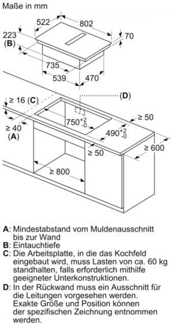 Bosch PVQ811HGA7 Serie 6 EEK:B Kochfeld mit Dunstabzug (HEZ9VDSB2 + PVQ811H26E ), 80 cm breit, 500 m³/h, Induktion, Flachkanal, DirectSelect, rahmenlos aufliegend, schwarz