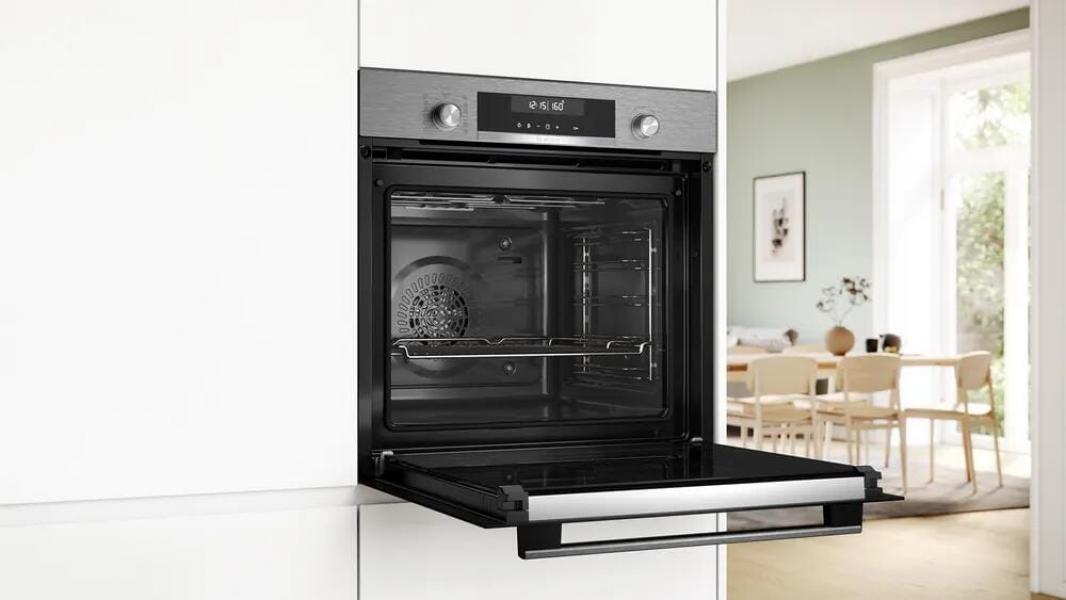 Bosch HBG578BS3 Serie 6 EEK: A+ Einbaubackofen, 71 L, 60 cm breit, 3D-Heißluft, Versenkknebel, Pyrolytisch + Hydrolytisch, Edelstahl