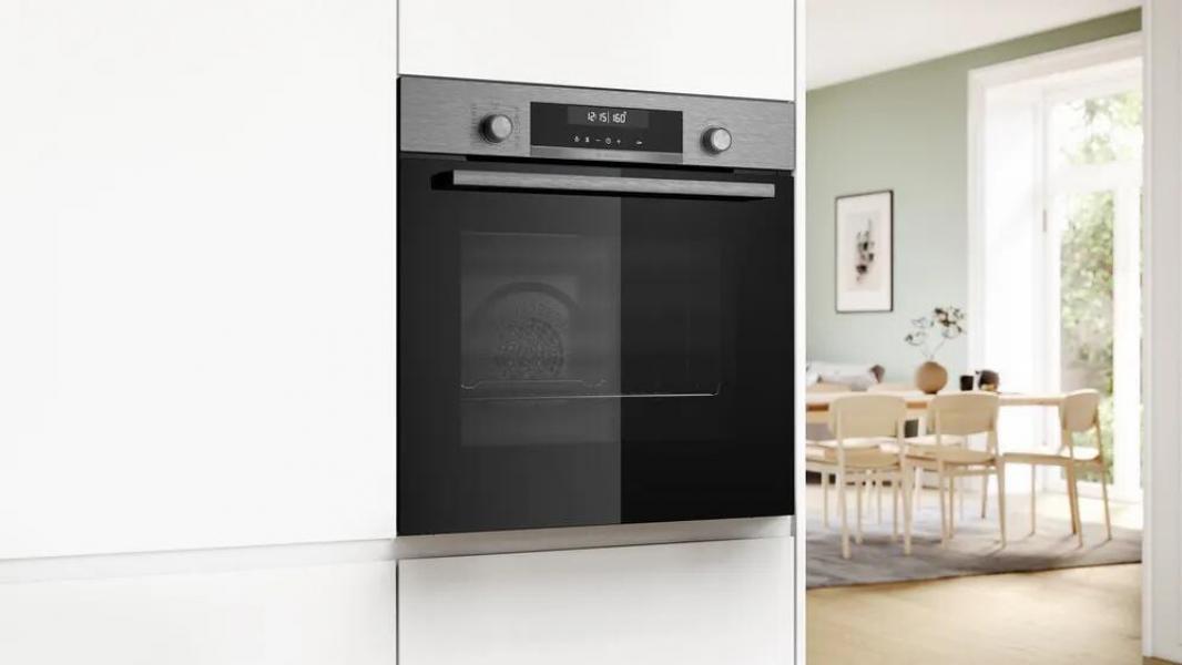 Bosch HBG578BS3 Serie 6 EEK: A+ Einbaubackofen, 71 L, 60 cm breit, 3D-Heißluft, Versenkknebel, Pyrolytisch + Hydrolytisch, Edelstahl