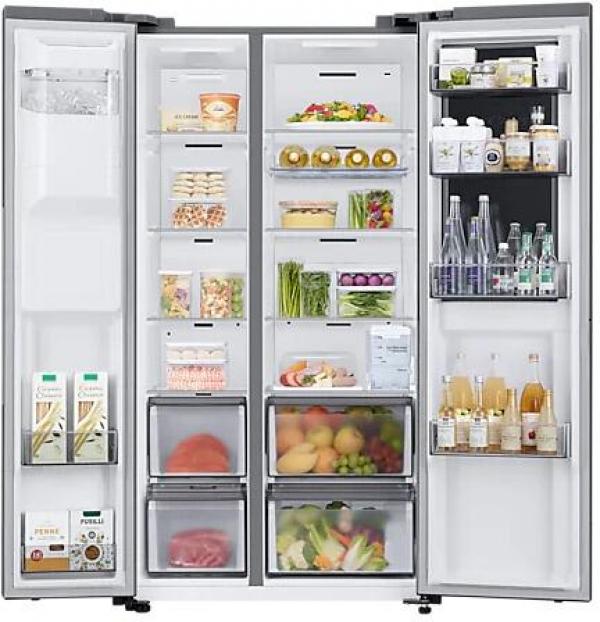 Samsung RH68DG853DS9EG Stand Side-by-Side Kombination, 91,2 cm breit, 627 L, No Frost+, Wassertank, Eis- und Wasserspender, AI Energy Mode, Food Showcase-Tür, Edelstahloptik