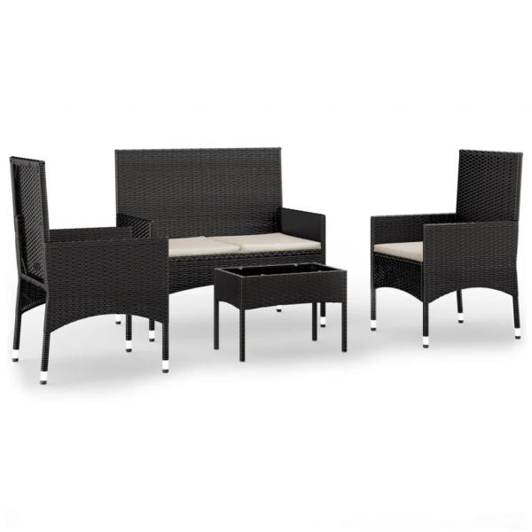 4-tlg. Garten-Lounge-Set mit Kissen Schwarz Poly Rattan