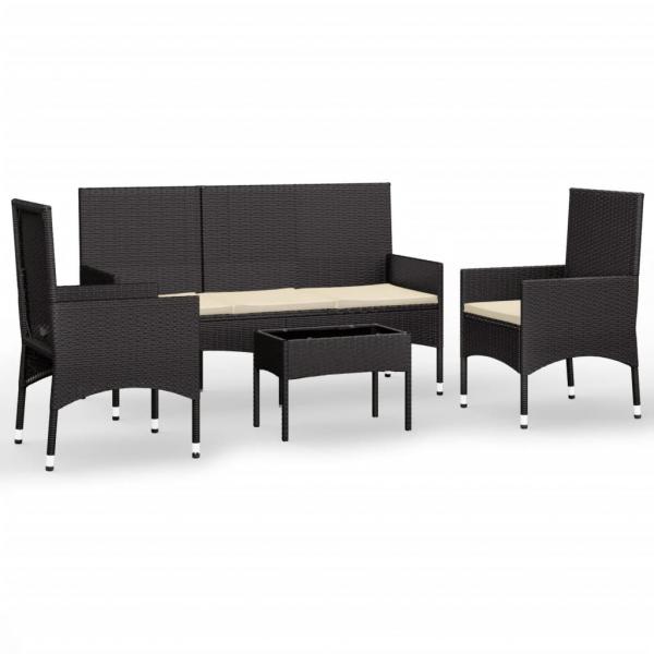 4-tlg. Garten-Lounge-Set mit Kissen Schwarz Poly Rattan