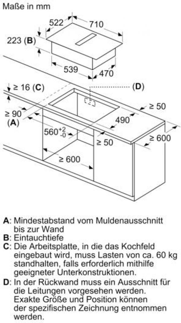 Bosch PVQ711HGA7 Serie 6 EEK:B Kochfeld mit Dunstabzug (HEZ9VDSB2 + PVQ711H26E), 70 cm breit, 500 m³/h, Induktion, Flachkanal, DirectSelect, rahmenlos aufliegend, schwarz