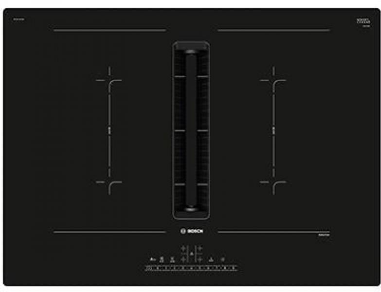 ARDEBO.de Bosch PVQ711HGA6 Serie 6 EEK: B Kochfeld mit Dunstabzug (HEZ9VDSB4 + PVQ711H26E), 70 cm breit, 500 m³/h, Induktion, Flachkanal, DirectSelect, rahmenlos aufliegend, schwarz