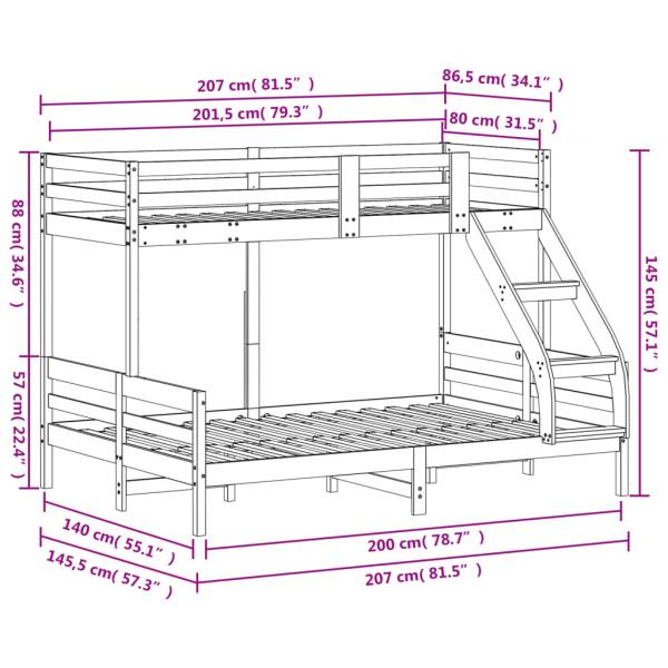 Etagenbett 80x200/140x200 cm Weiß Massivholz Kiefer