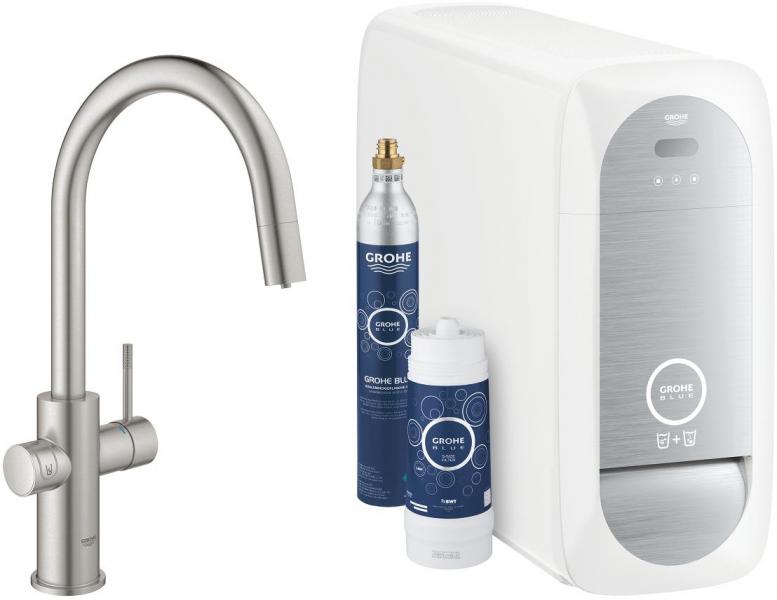 ARDEBO.de GROHE Blue Home Starter Kit, C-Auslauf, herausziehbarer Mousseurauslauf, bis 150° schwenkbar, supersteel (31541DC0)