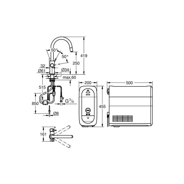 GROHE Blue Home Starter Kit, C-Auslauf, herausziehbarer Mousseurauslauf, bis 150° schwenkbar, supersteel (31541DC0)